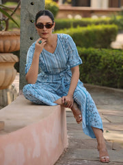 Women Geometric Straight Sky-Blue Jumpsuits & Sets