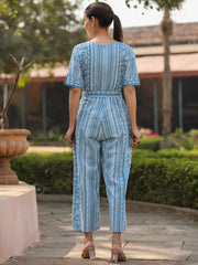 Women Geometric Straight Sky-Blue Jumpsuits & Sets