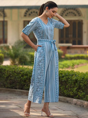 Women Geometric Straight Sky-Blue Jumpsuits & Sets