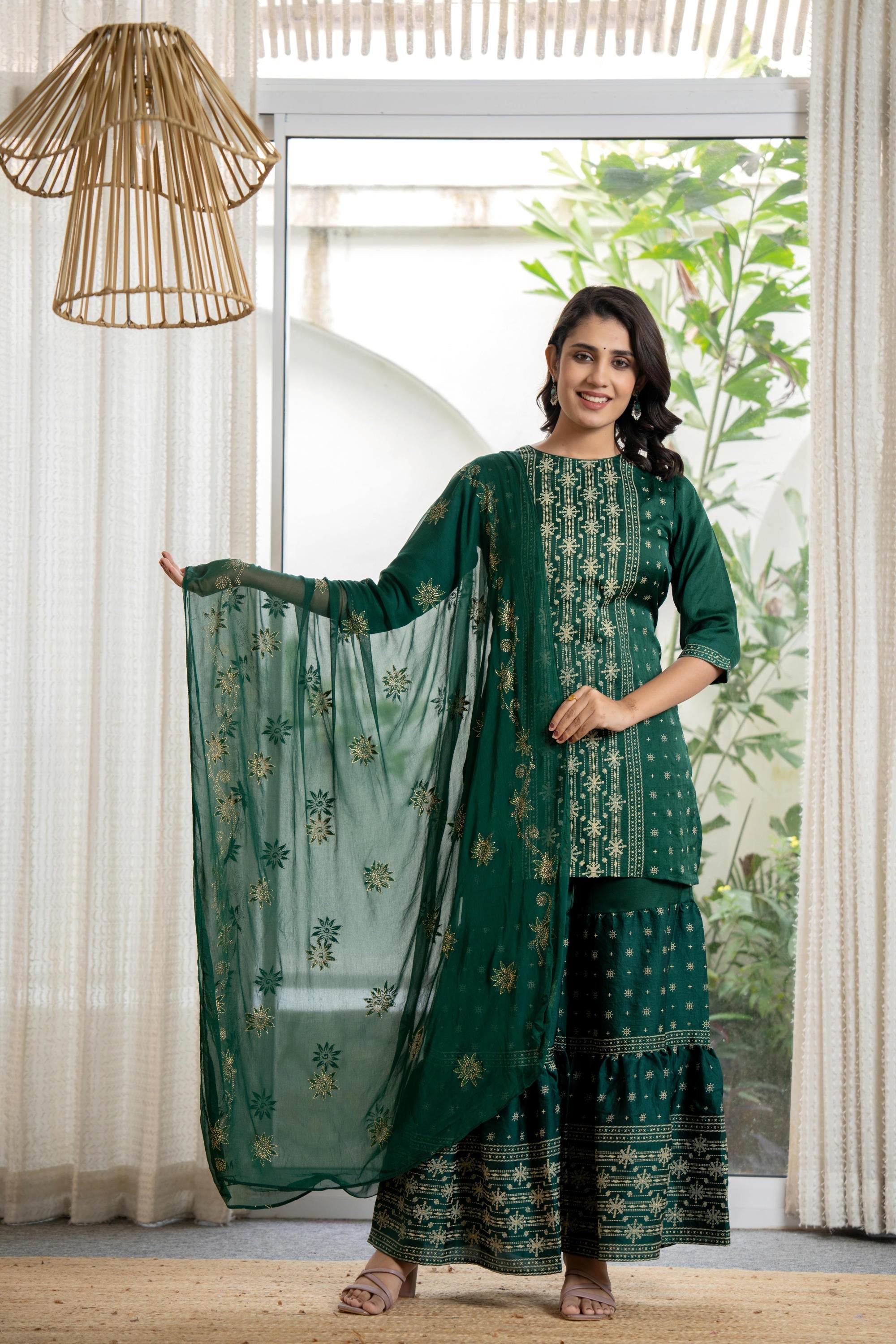 Green mono viscose embroidered tunic, sharara, and poly chanderi dupat