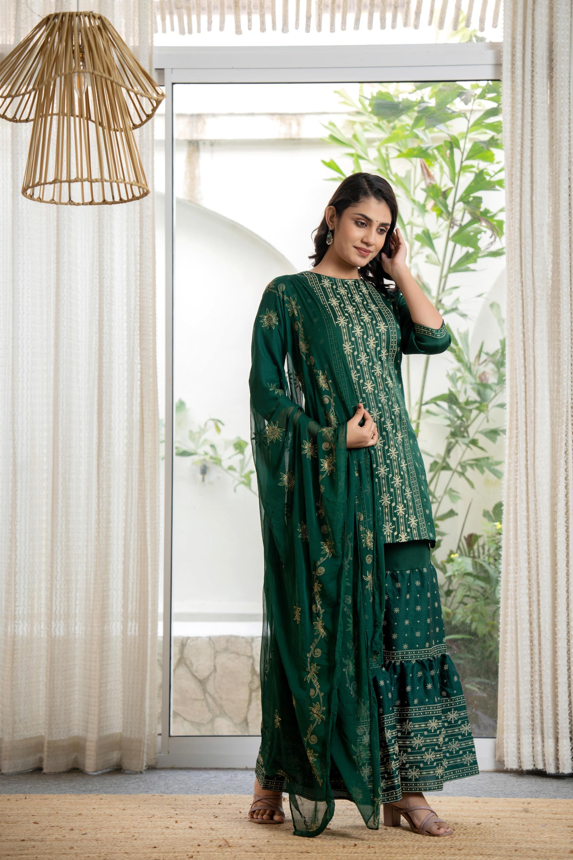 Green mono viscose embroidered tunic, sharara, and poly chanderi dupat