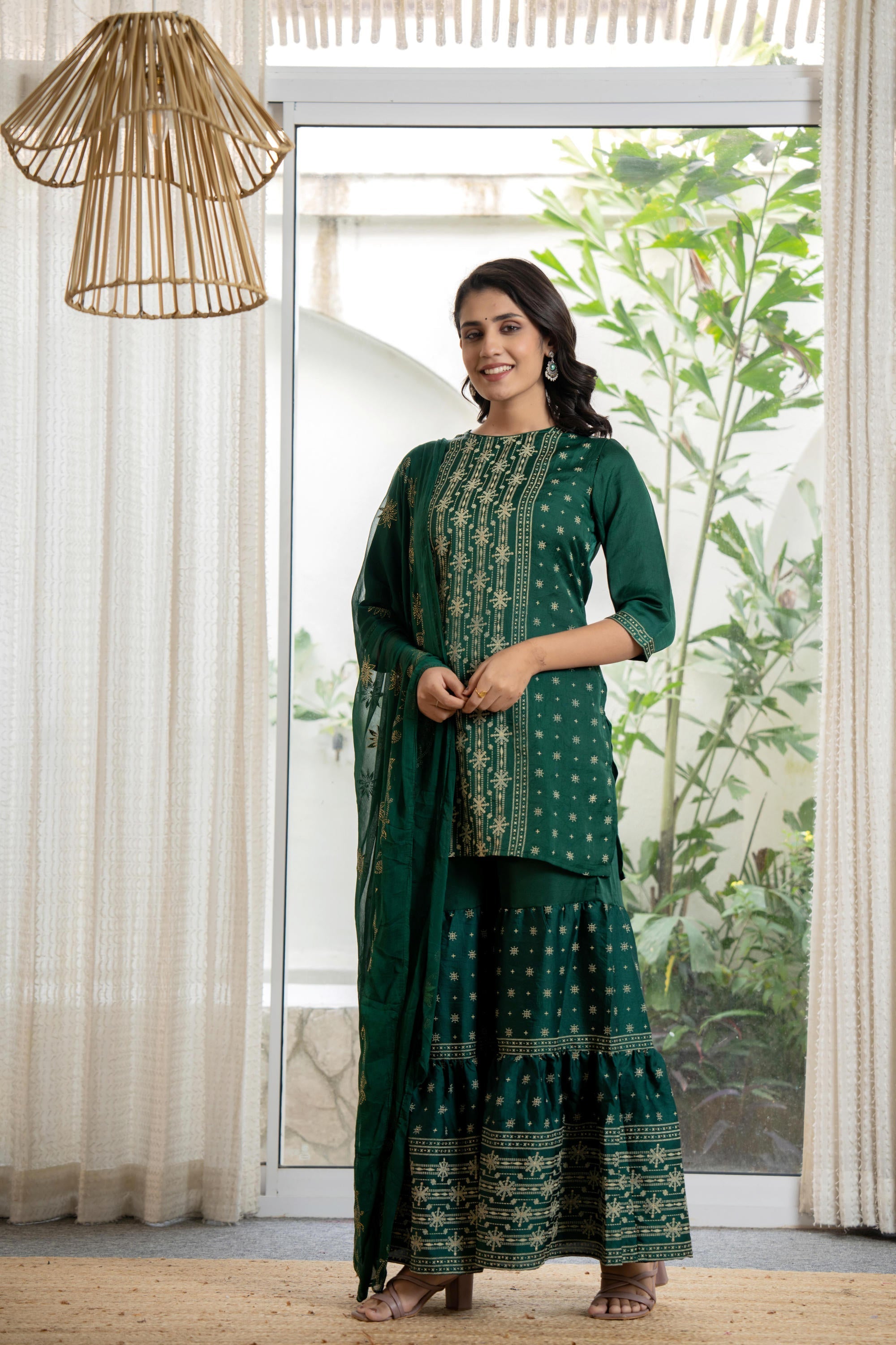 Green mono viscose embroidered tunic, sharara, and poly chanderi dupat