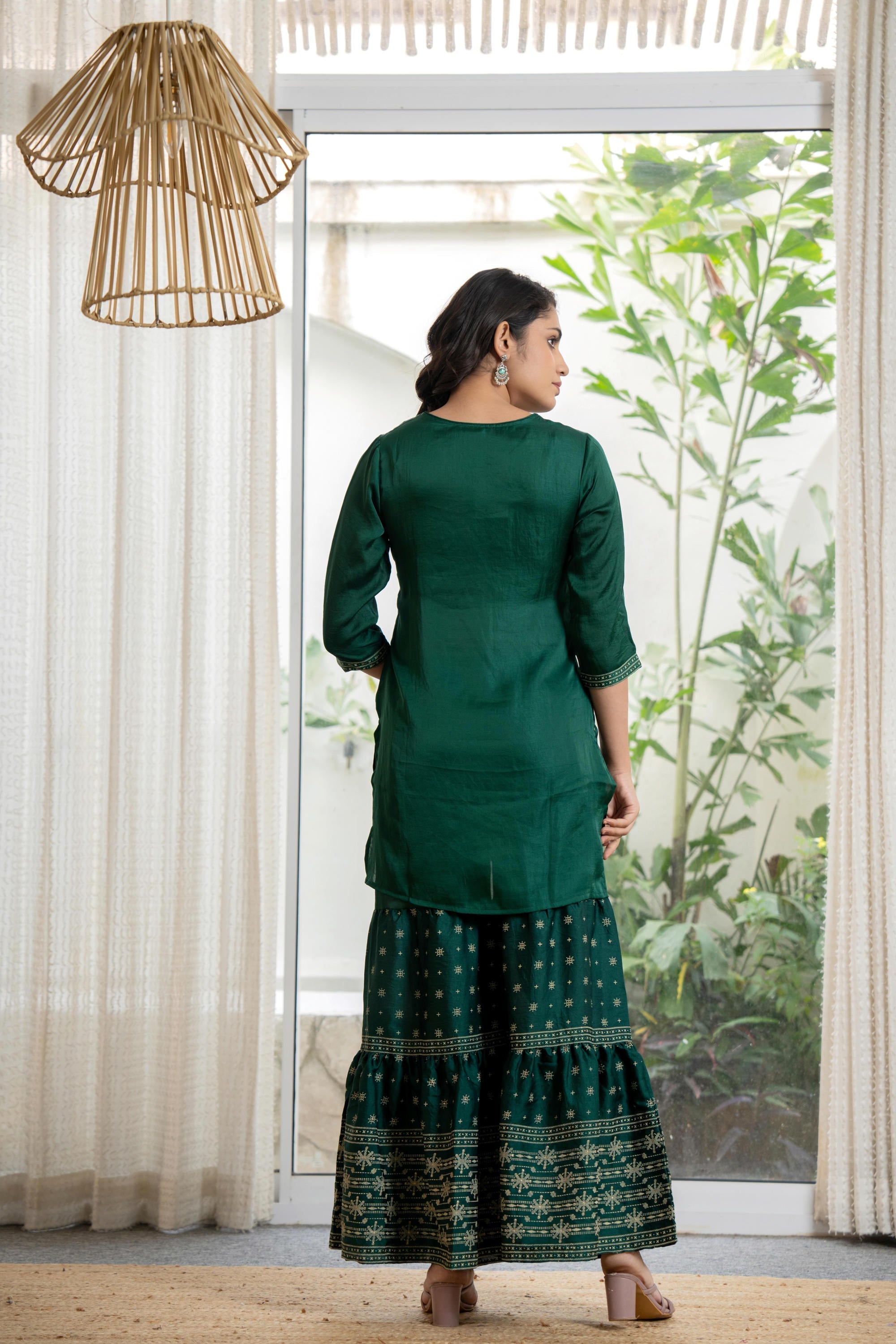 Green mono viscose embroidered tunic, sharara, and poly chanderi dupat