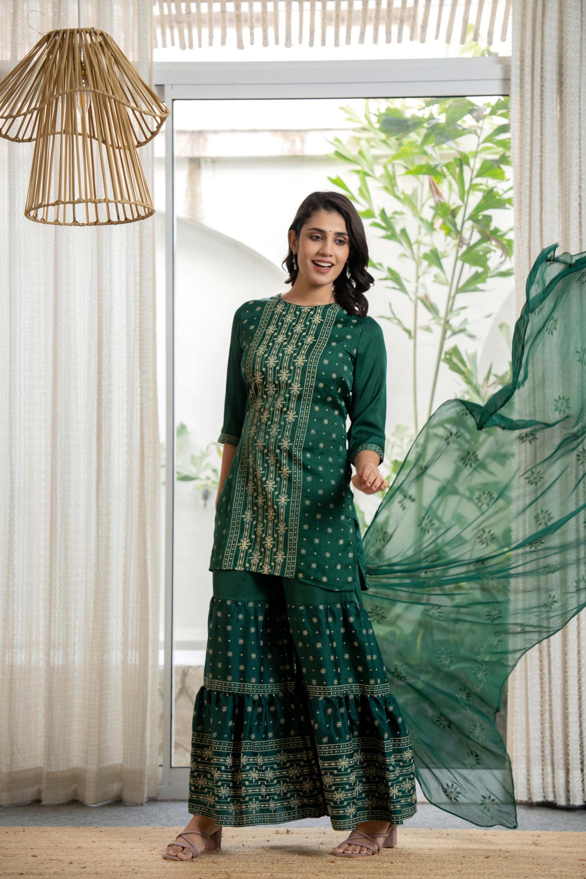 Green mono viscose embroidered tunic, sharara, and poly chanderi dupat