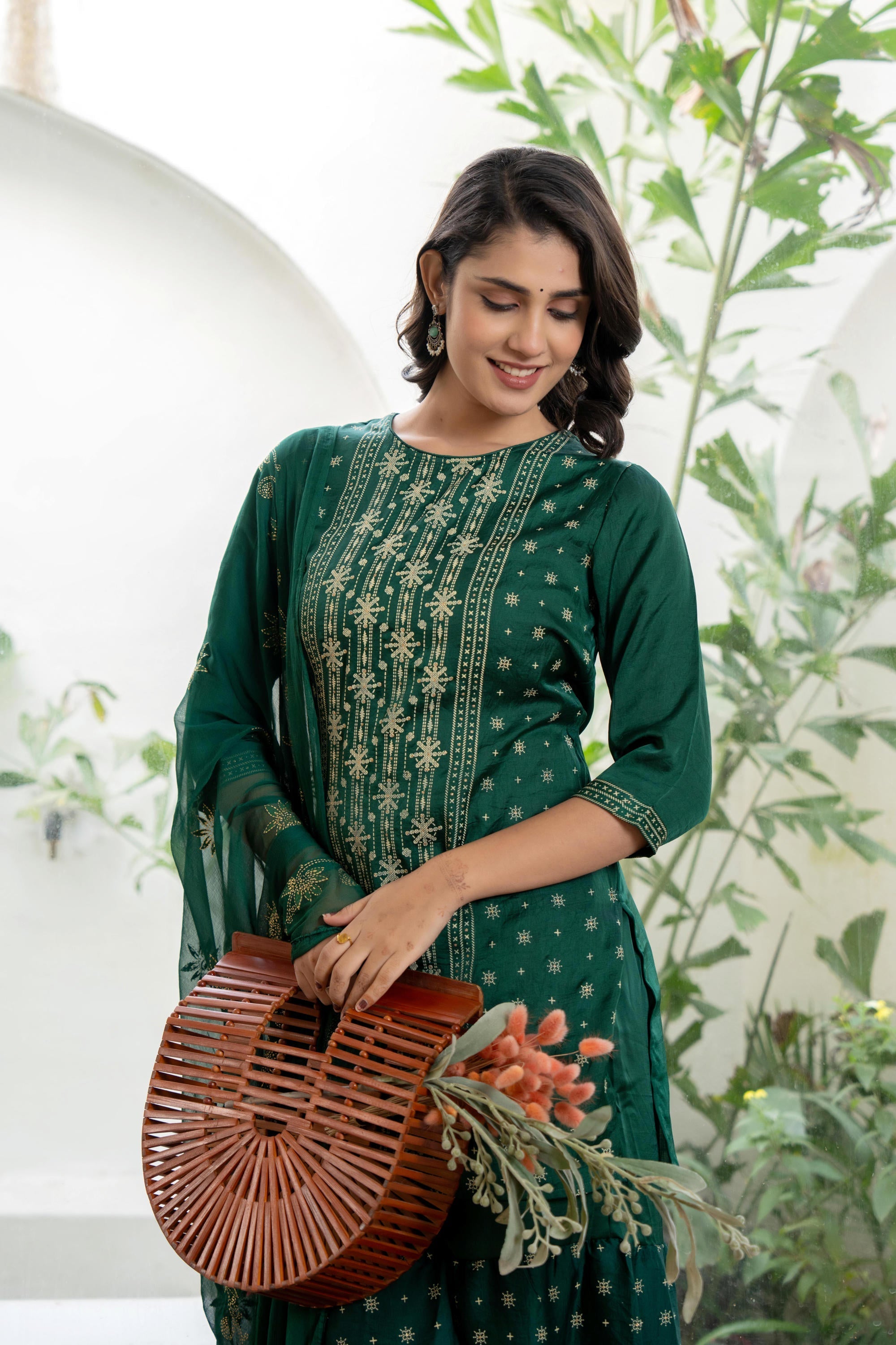 Green mono viscose embroidered tunic, sharara, and poly chanderi dupat