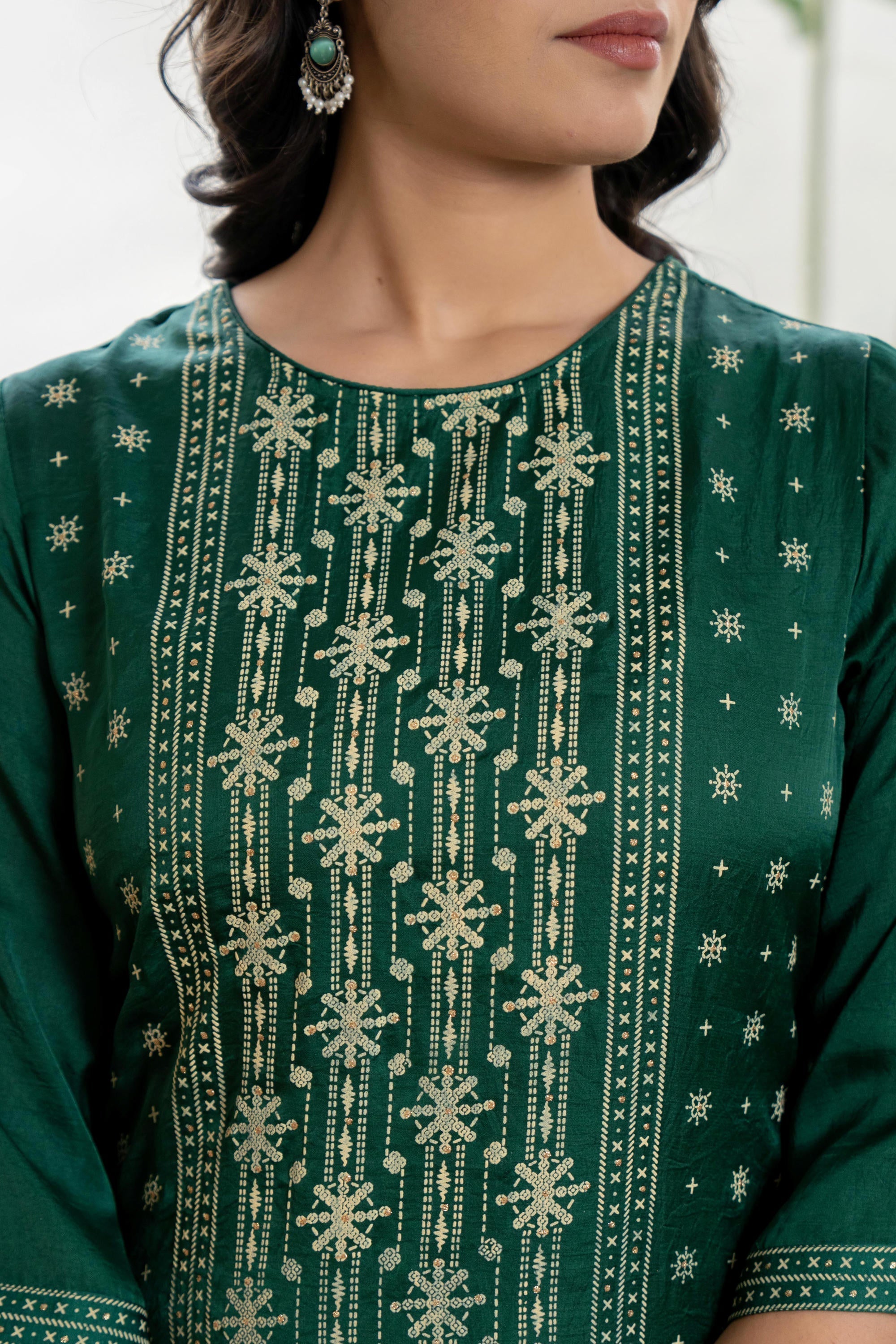 Green mono viscose embroidered tunic, sharara, and poly chanderi dupat