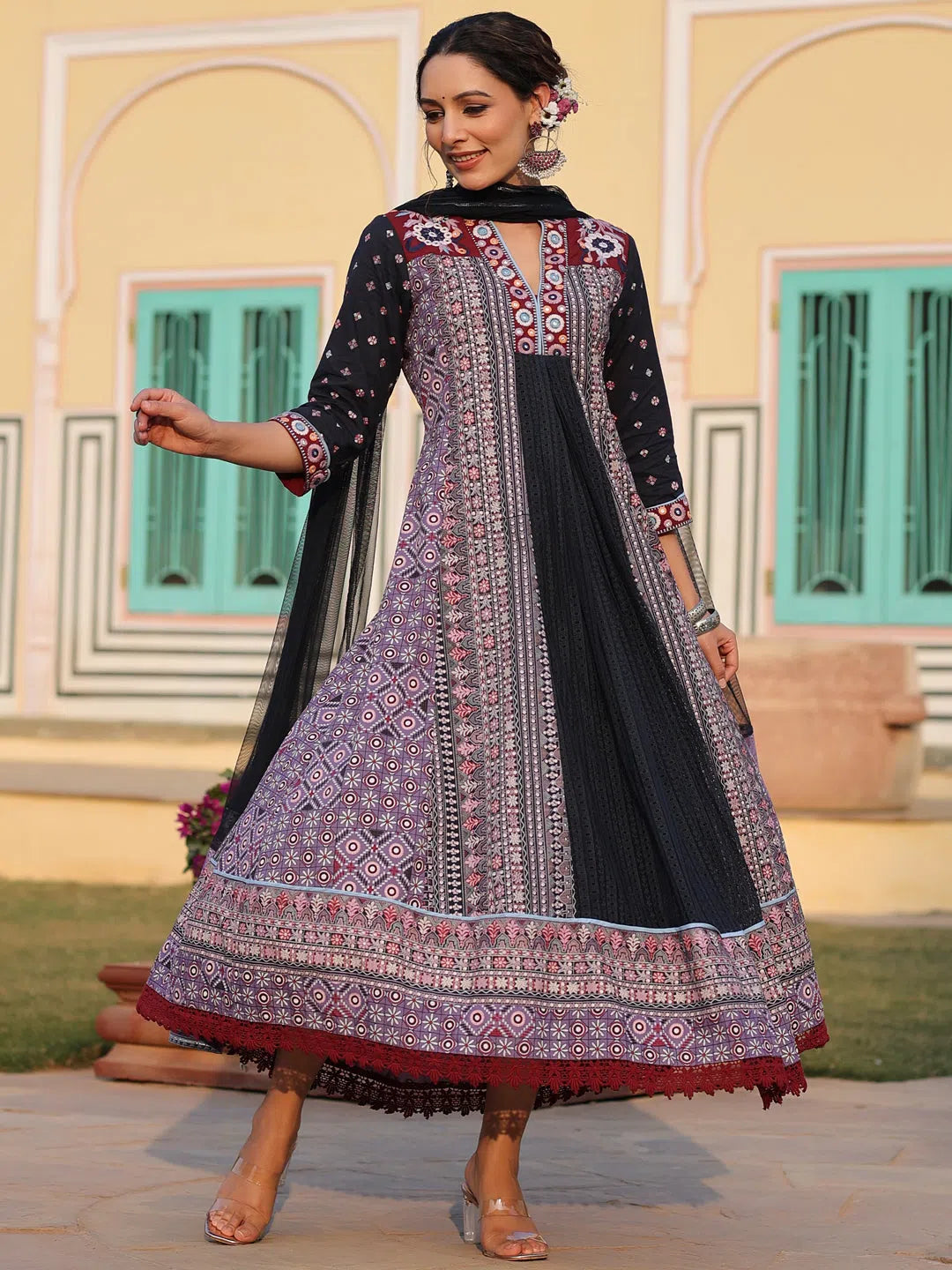 Women Lavender Cotton Cambric Tribal Printed with Embroidered Flared Kurta & Dupatta Set.