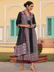 Women Lavender Cotton Cambric Tribal Printed with Embroidered Flared Kurta & Dupatta Set.