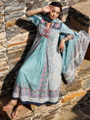 Women Sky-Blue Cotton Cambric Tribal Printed with Embroidered Flared Kurta & Dupatta Set.