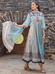Women Sky-Blue Cotton Cambric Tribal Printed with Embroidered Flared Kurta & Dupatta Set.
