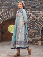 Women Sky-Blue Cotton Cambric Tribal Printed with Embroidered Flared Kurta & Dupatta Set.