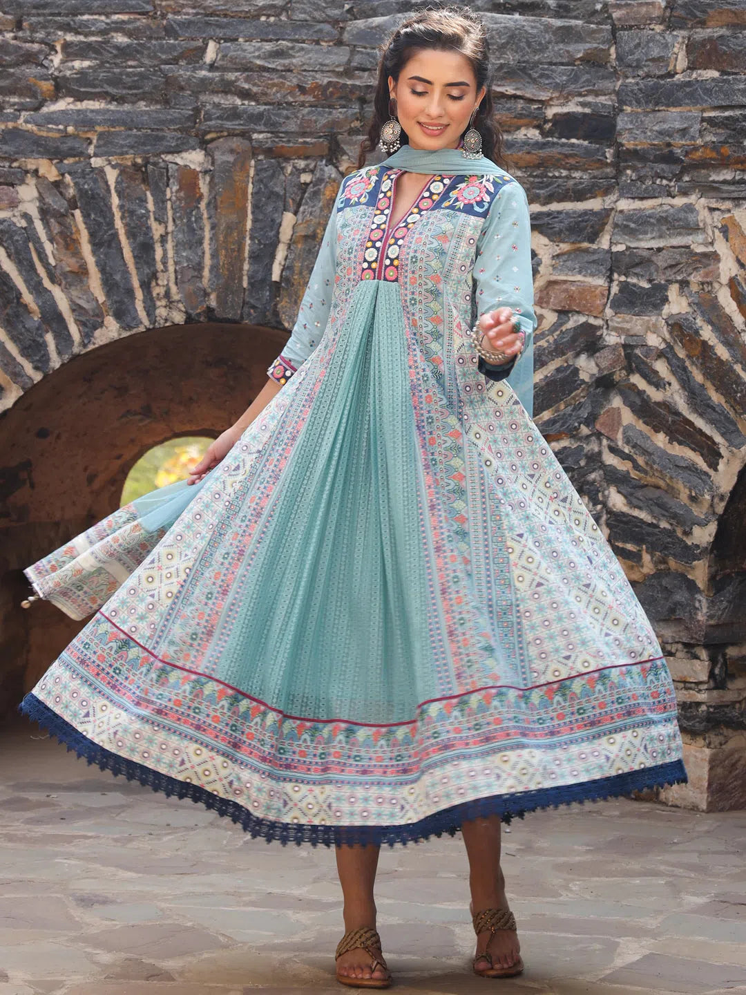 Sky-Blue Tribal Kurta Set - Indian Kurta Ladies Online