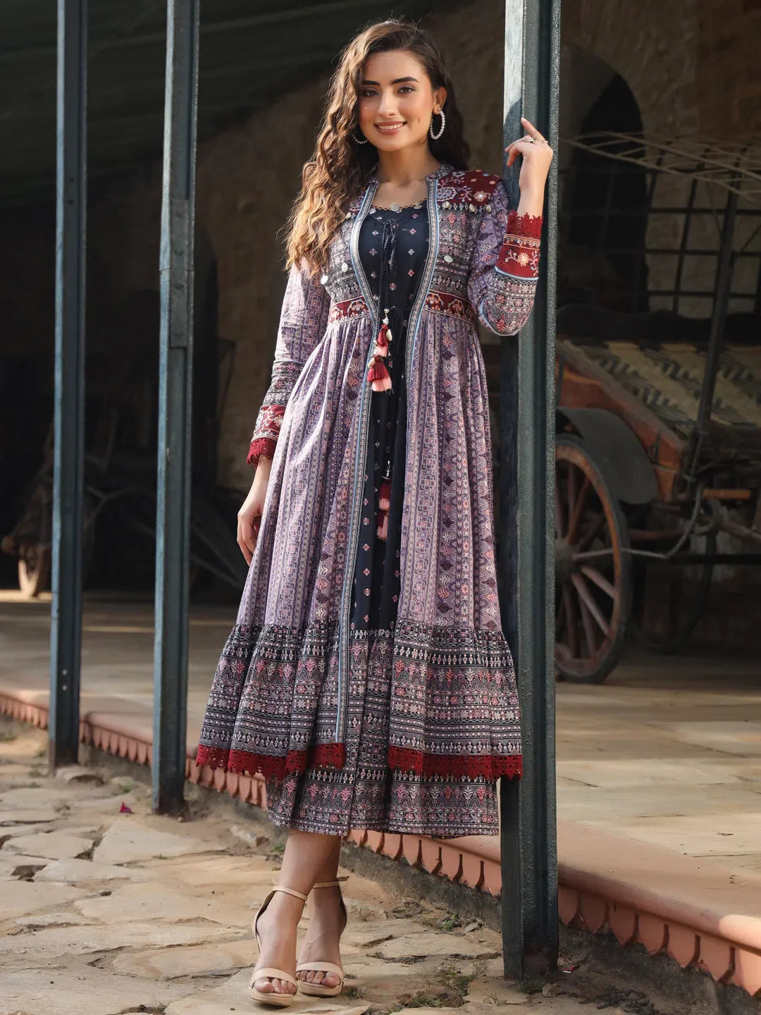 Lavender Tribal Print Cotton Maxi Dress with Jacket | Indian Lavender Tribal Print Cotton Maxi Dress with Jacket | Indian