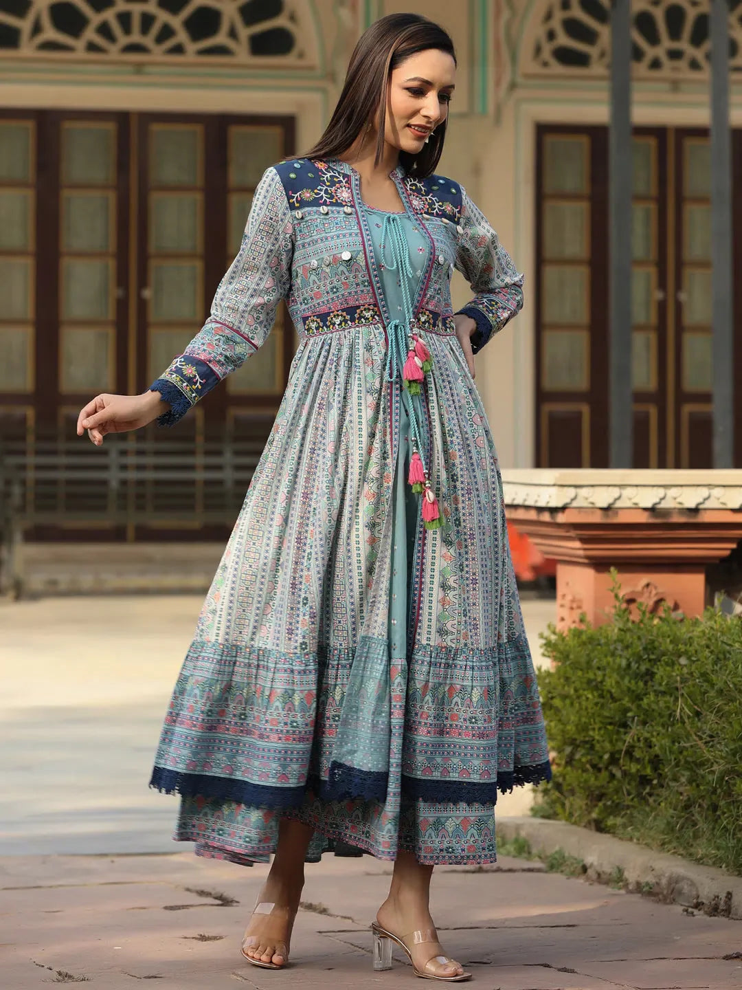 Sky-Blue Tribal Print Cotton Maxi Dress with Jacket Online