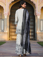 Women'S Off White Rayon Floral Placement Kurta With Sharara And Dupatta Set