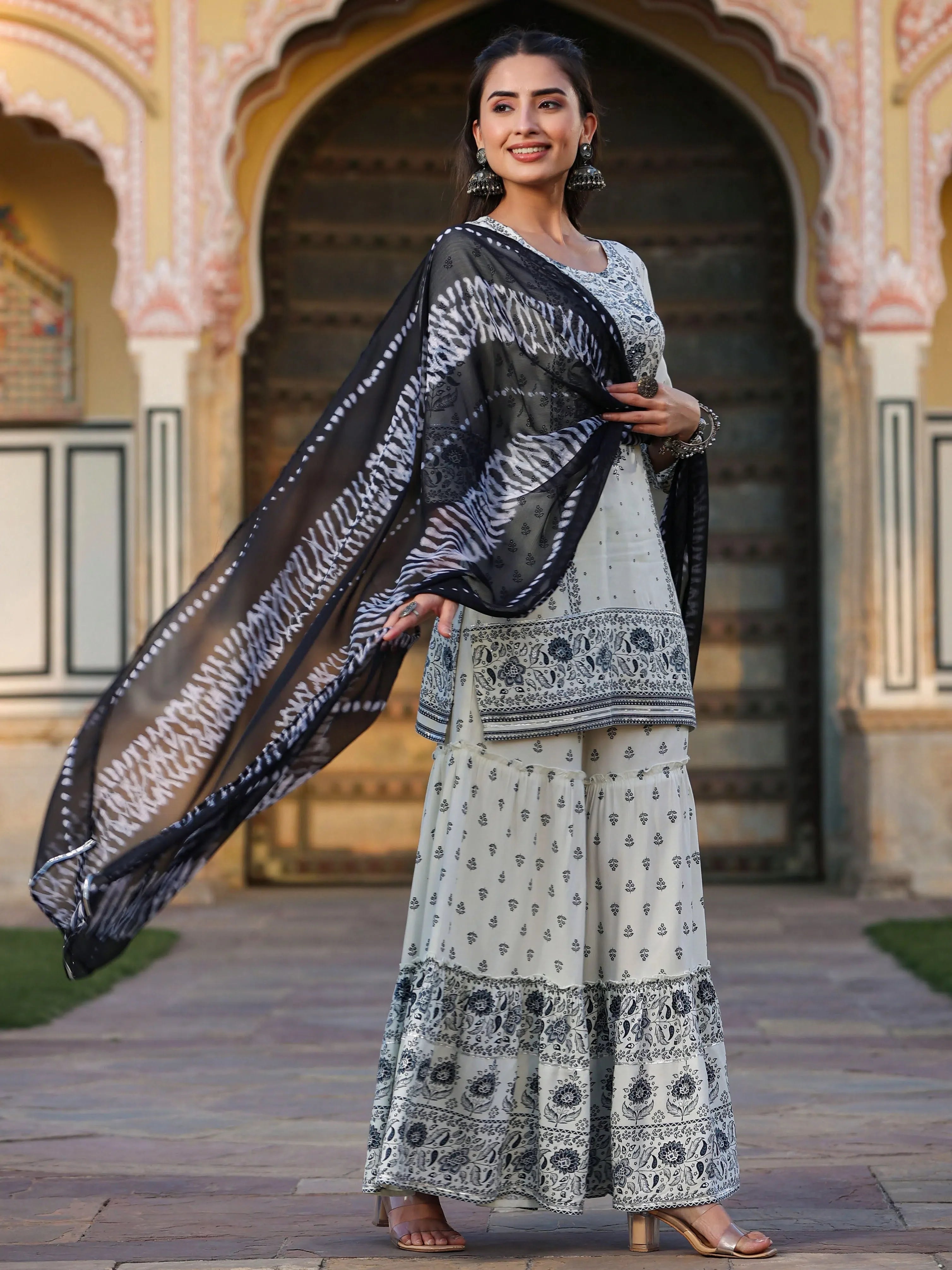 Off White Floral Kurta Sharara Set - Indian Kurtis for Women