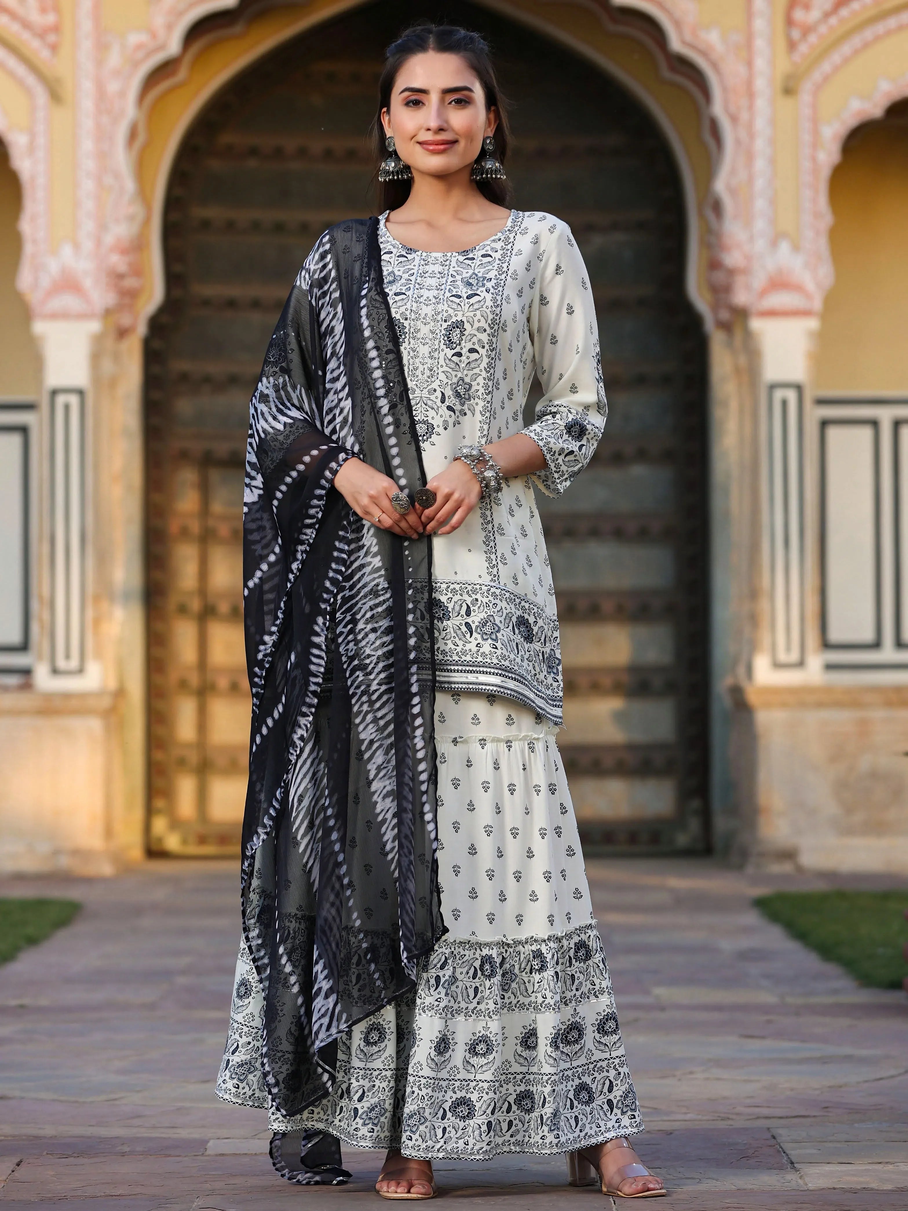Off White Floral Kurta Sharara Set - Indian Kurtis for Women