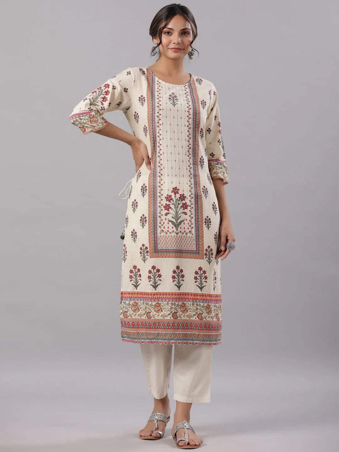 Beige Floral Kurta Set - Cotton Indian Kurta for Ladies