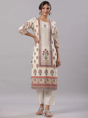 Women'S Beige Cambric Floral Placement Printed Straight Fit Kurta Sets