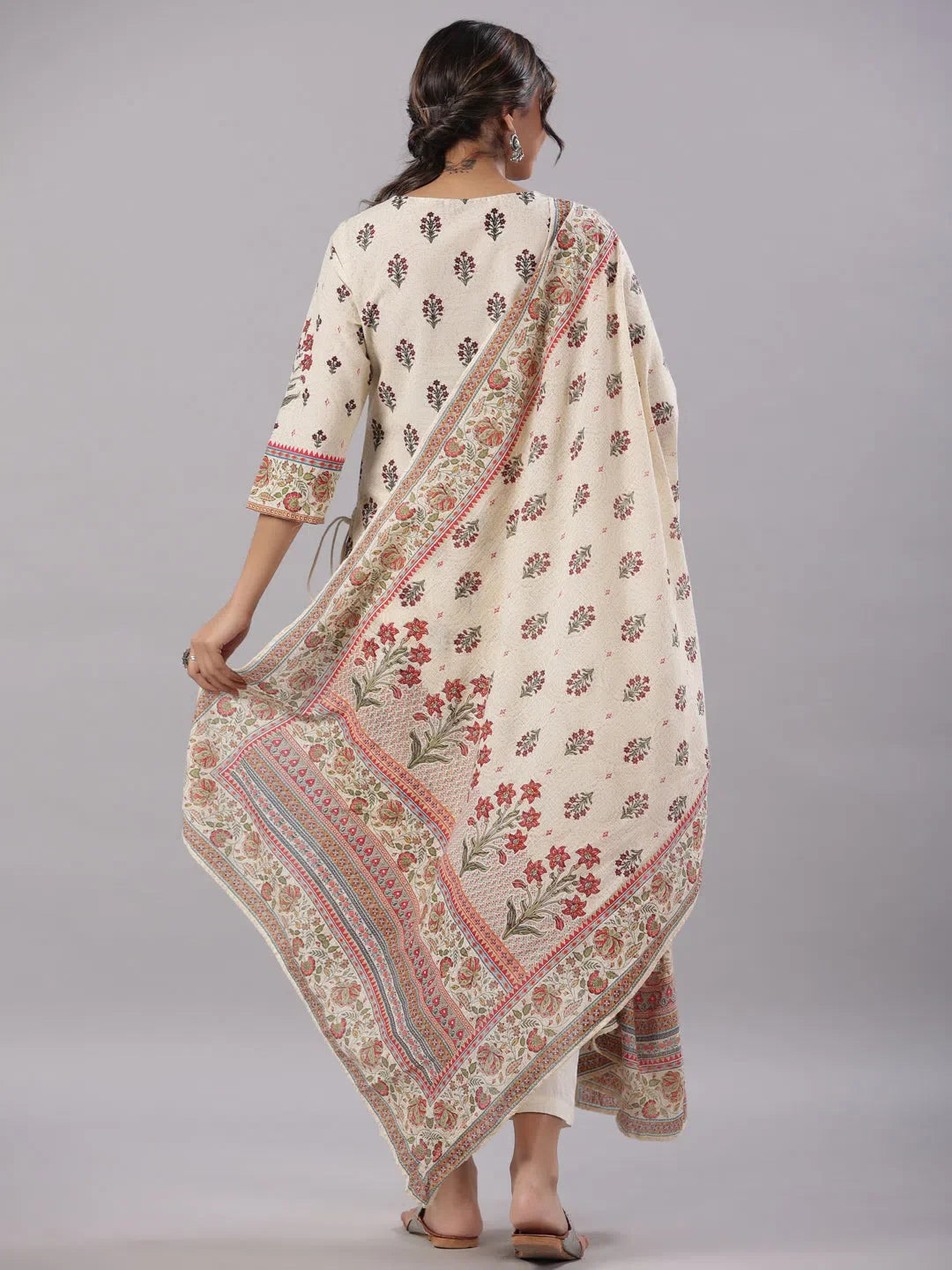 Beige Floral Kurta Set - Cotton Indian Kurta for Ladies