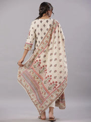Women'S Beige Cambric Floral Placement Printed Straight Fit Kurta Sets