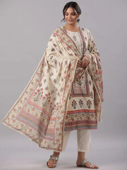 Women'S Beige Cambric Floral Placement Printed Straight Fit Kurta Sets
