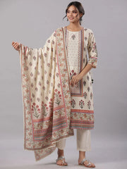 Women'S Beige Cambric Floral Placement Printed Straight Fit Kurta Sets