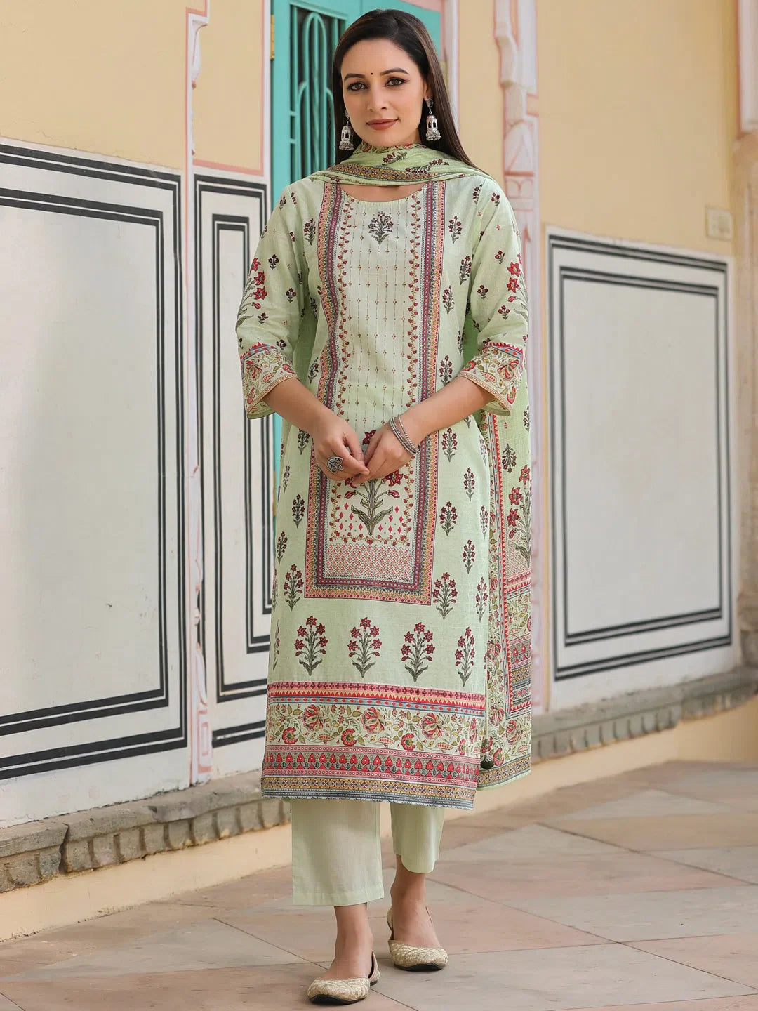 Lime Green Floral Kurta Set - Printed Indian Kurta Ladies