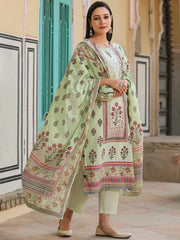 Women'S Lime Green Cambric Floral Placement Printed Straight Fit Kurta Sets