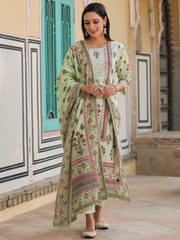 Women'S Lime Green Cambric Floral Placement Printed Straight Fit Kurta Sets