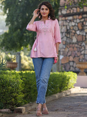 Women'S Pink Rayon Staple Solid With Embroidery Straight Tunic