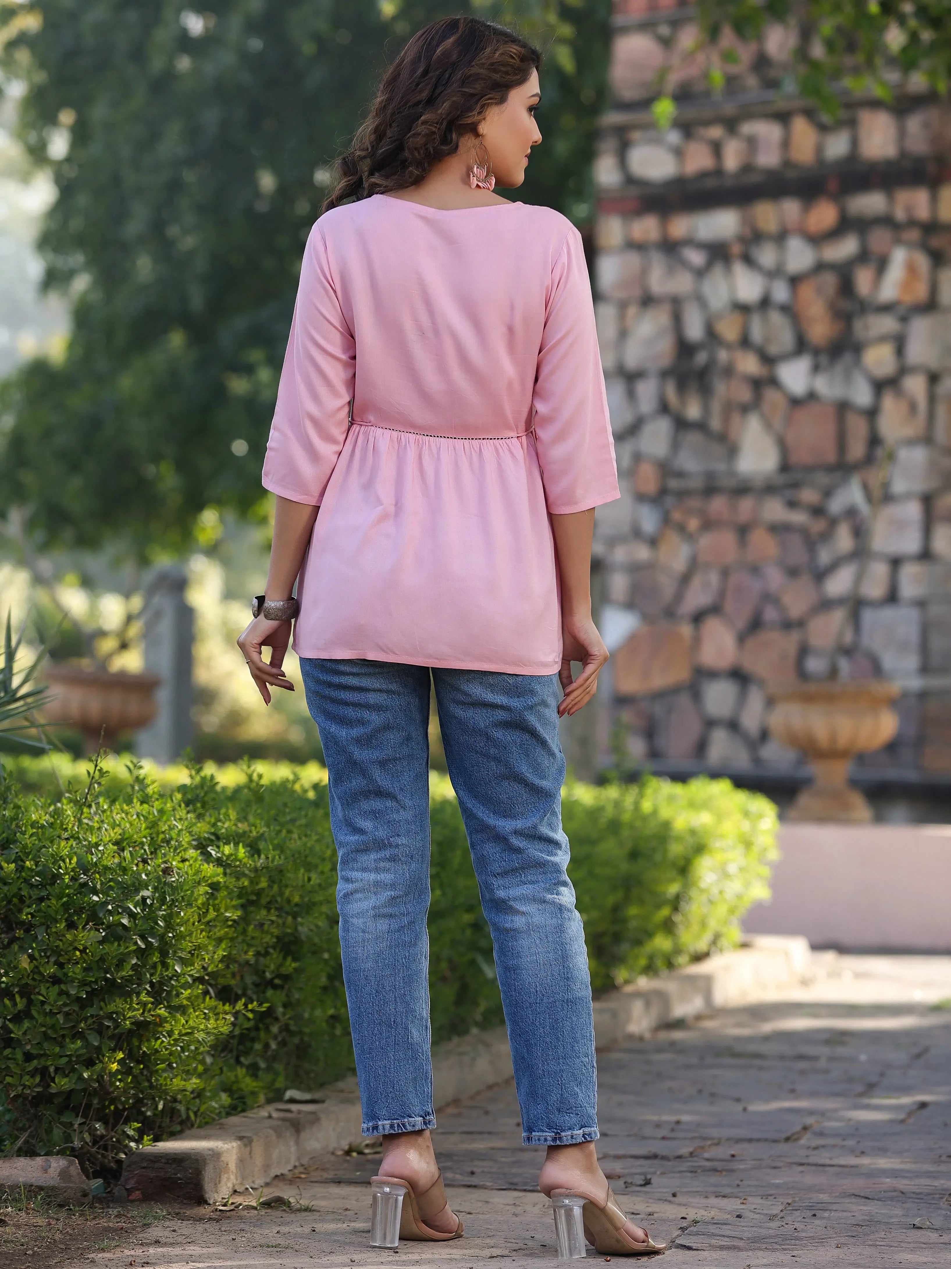 Pink Embroidered Tunic - Women's Rayon Staple Solid Top