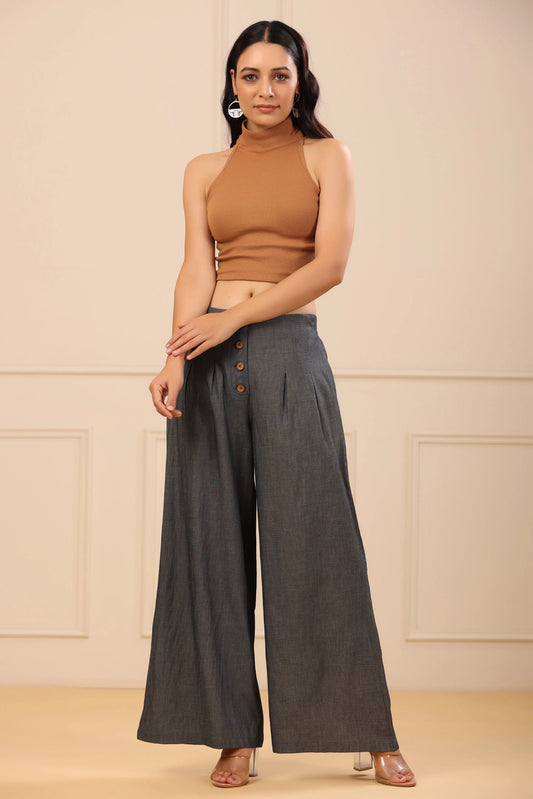 Women's Grey Denim Solid Flared Pant/Slim Pant 3648