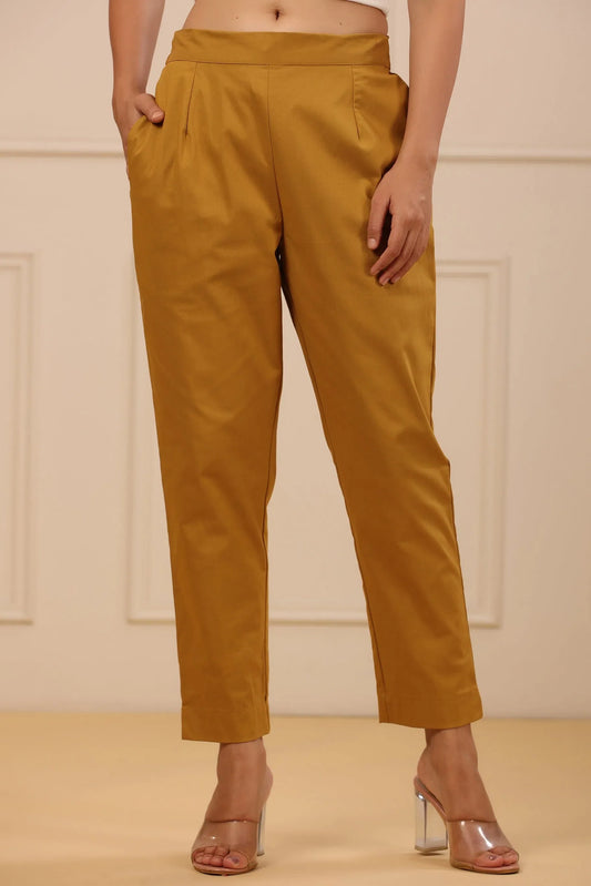 Womens Mustard Cotton Spendex Solid Straight Pant 1824