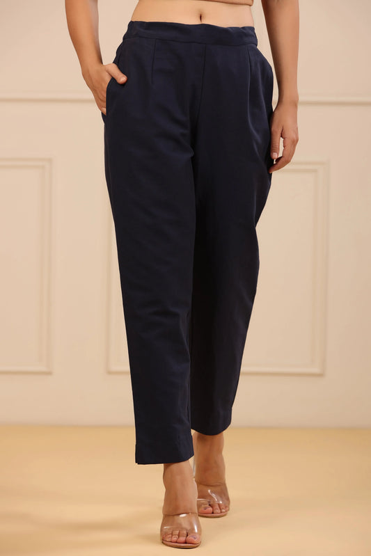 Women's Navy Cotton Twill Solid Straight Pant/Slim Pant 3648