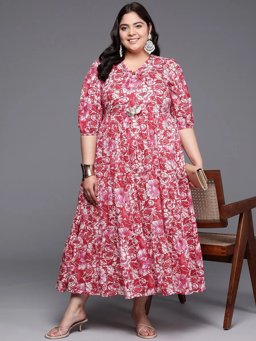 Plus Size Floral Printed Puff Sleeves Pure Cotton Maxi Ethnic Dress-AP-AHEDCOWX-237
