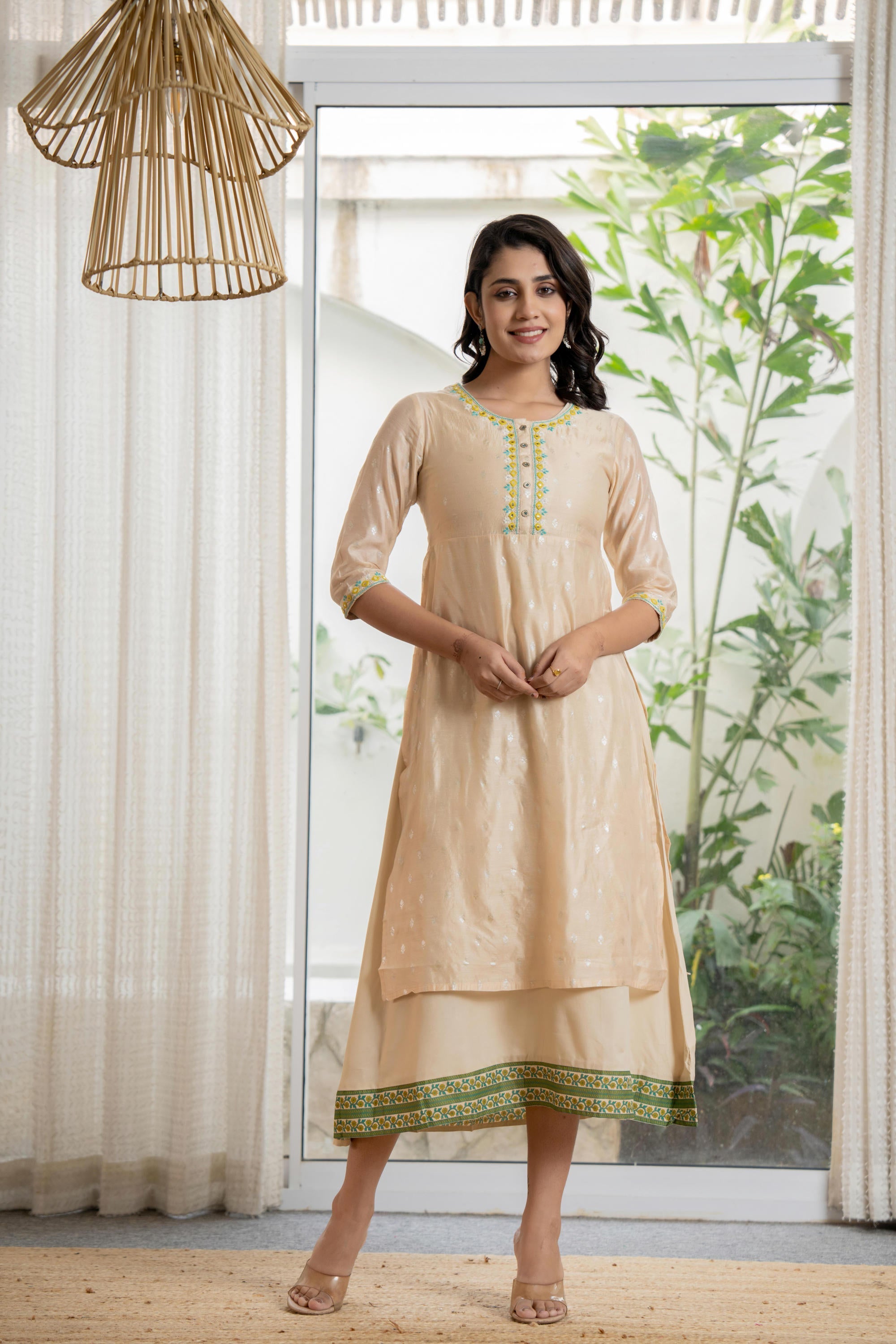 Beige Soild Chanderi Dress & inner With Thread & Mirror Work | DesiQlo