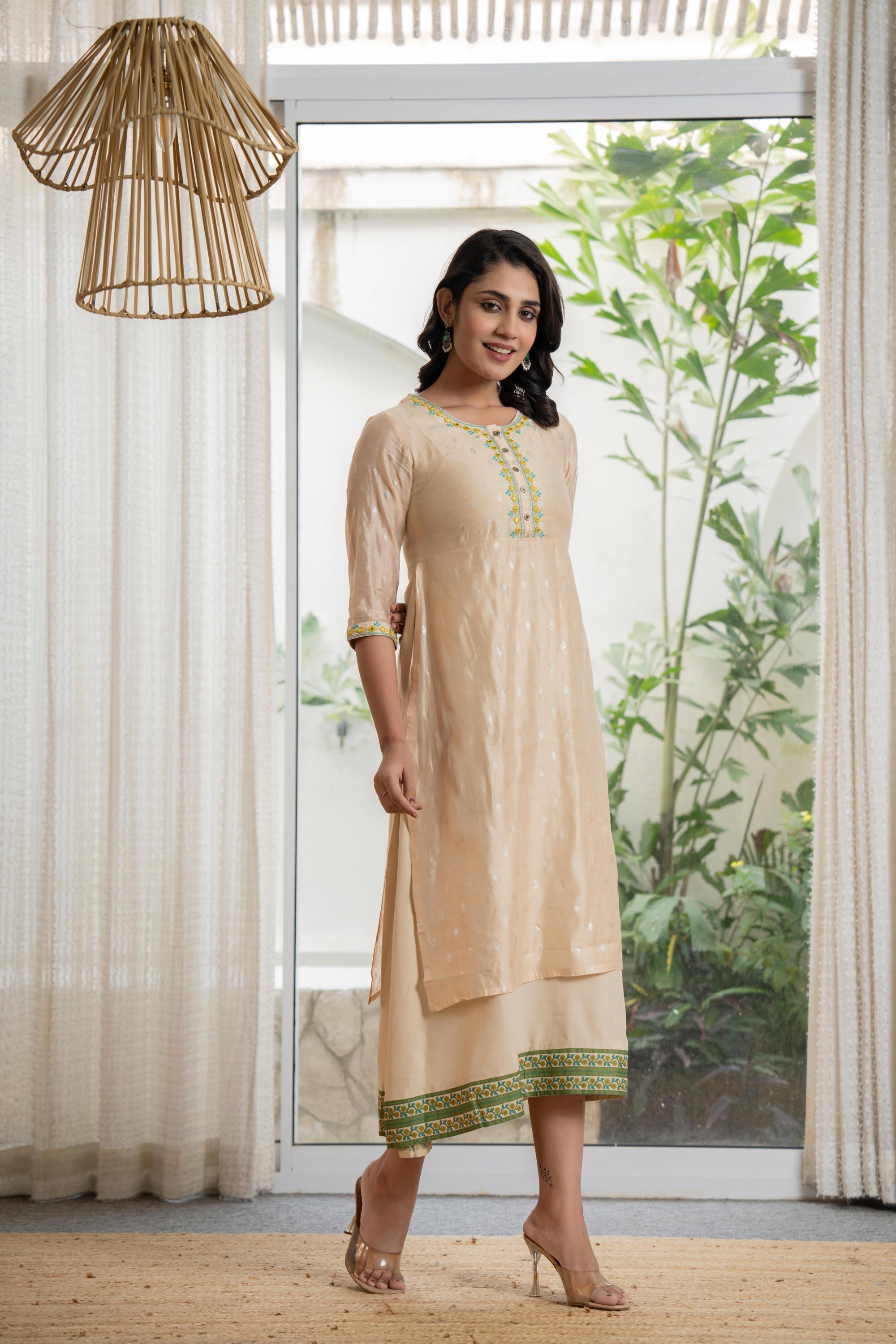 Beige Soild Chanderi Dress & inner With Thread & Mirror Work | DesiQlo