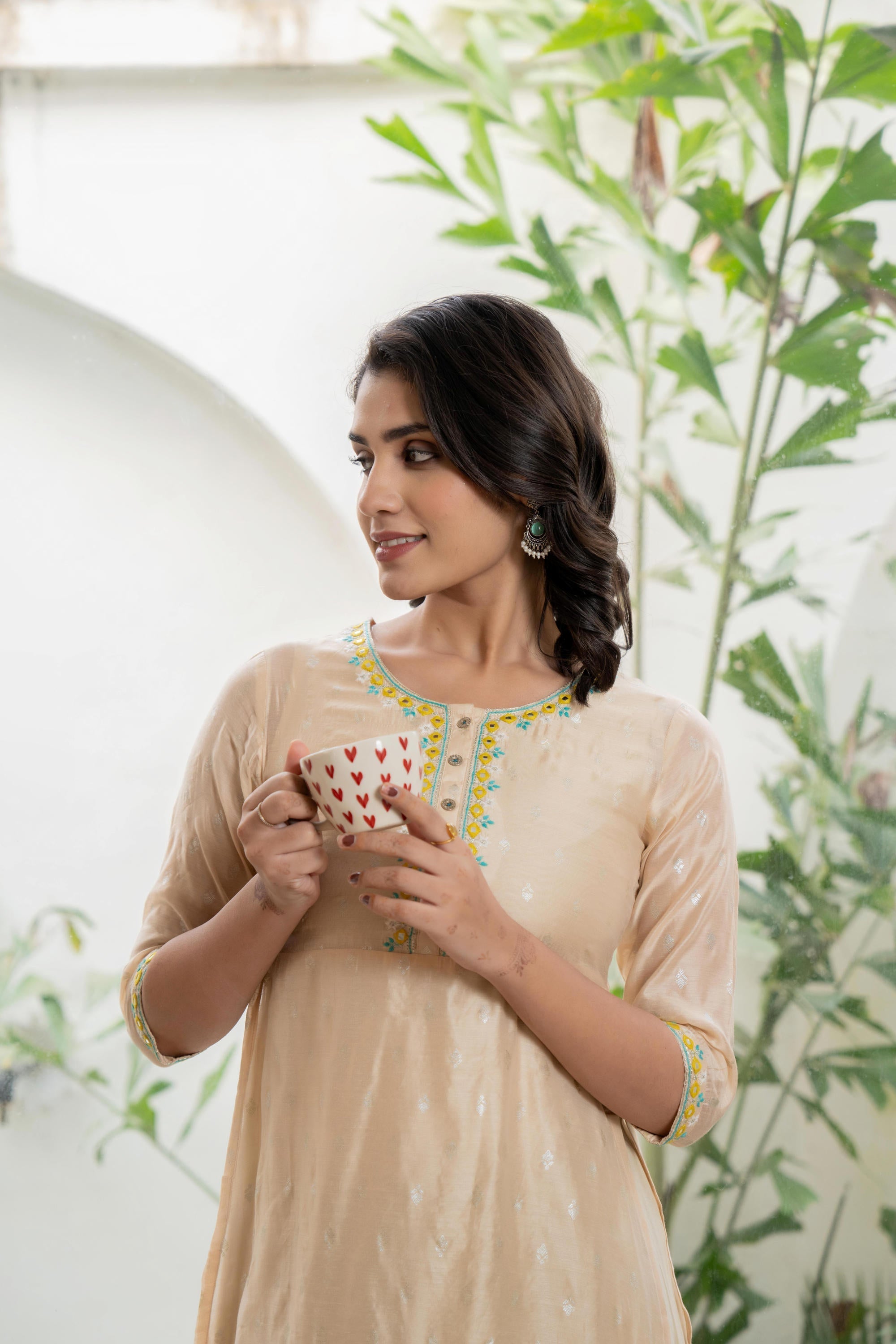 Beige Soild Chanderi Dress & inner With Thread & Mirror Work | DesiQlo