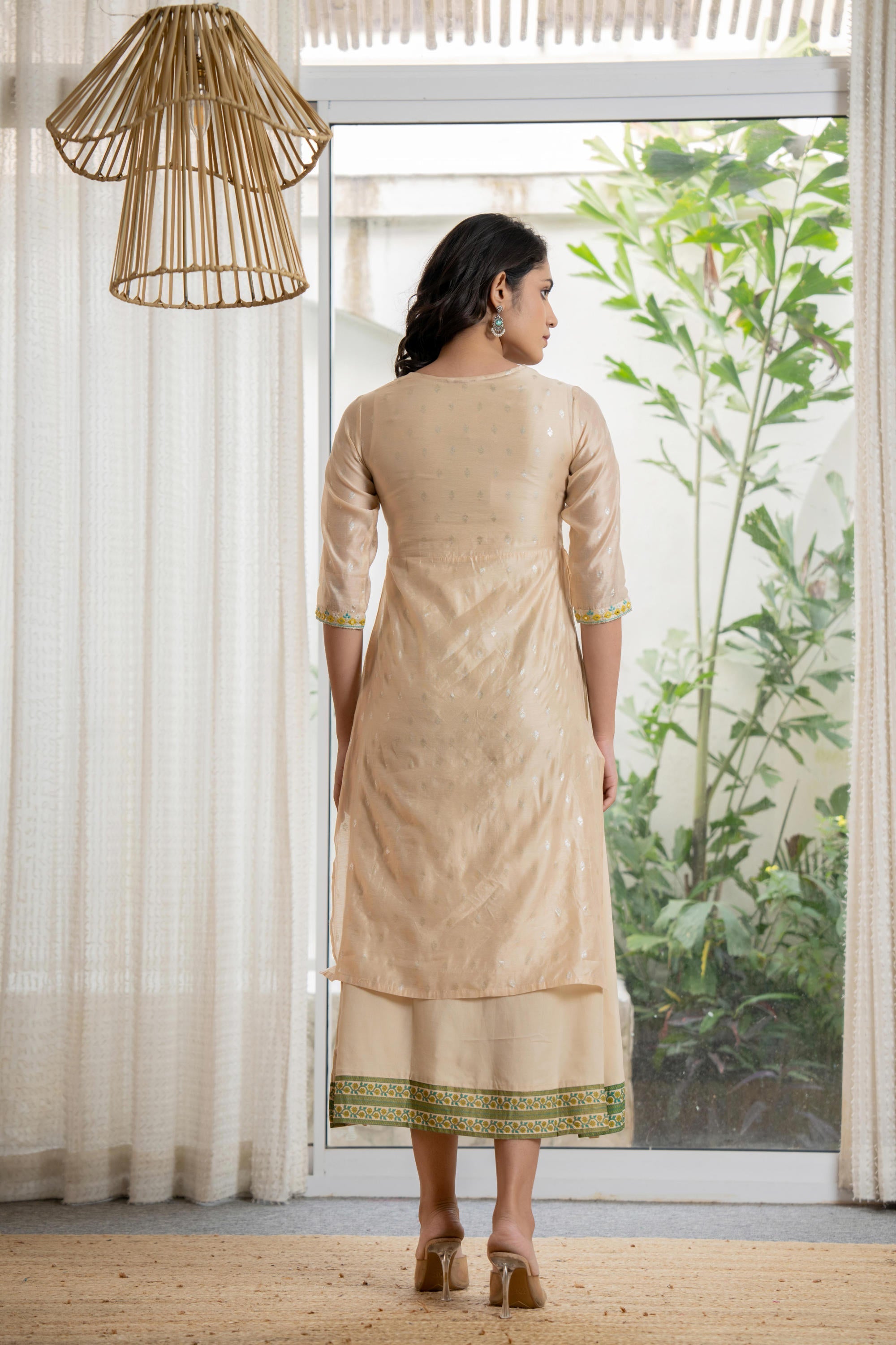 Beige Soild Chanderi Dress & inner With Thread & Mirror Work | DesiQlo