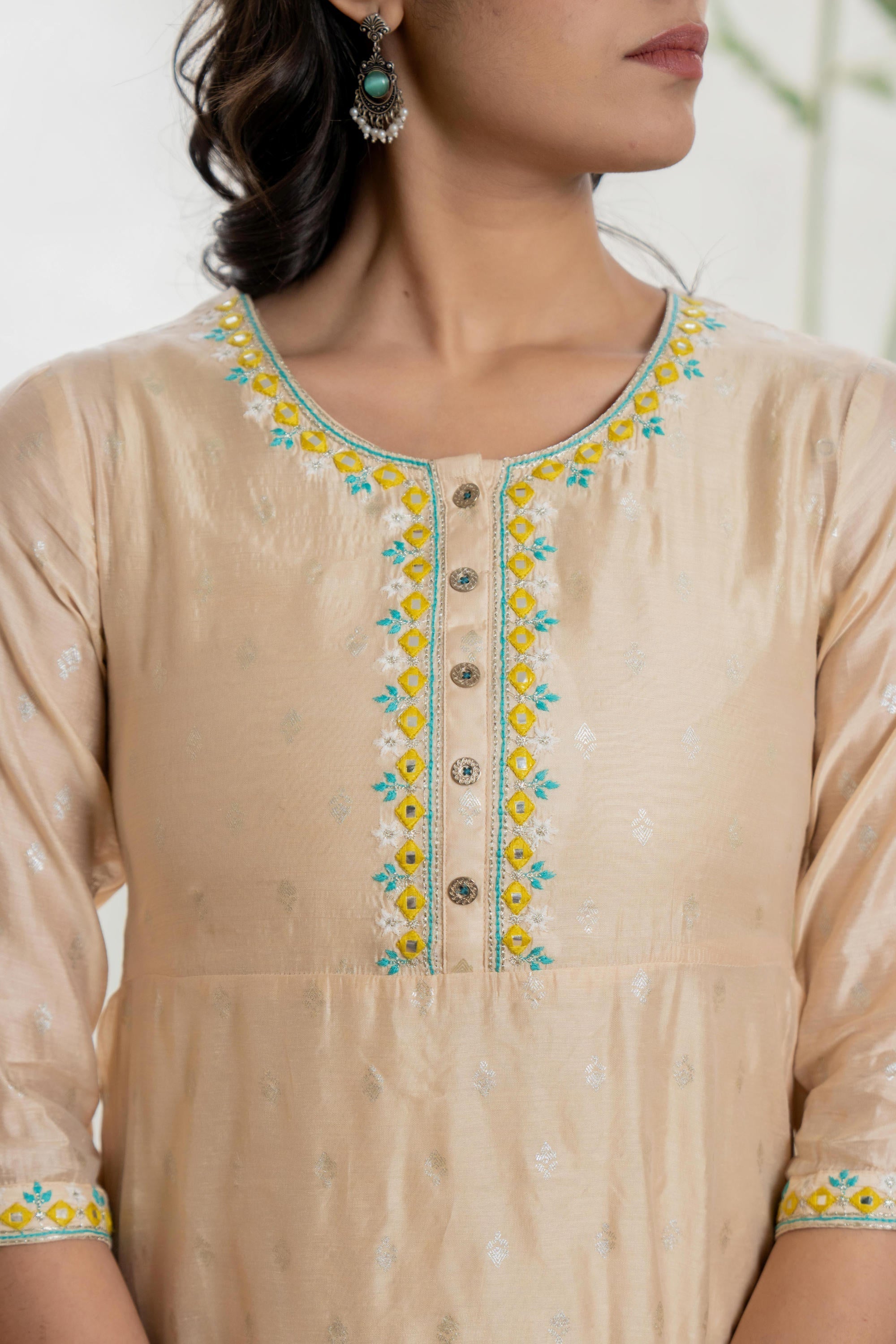 Beige Soild Chanderi Dress & inner With Thread & Mirror Work | DesiQlo