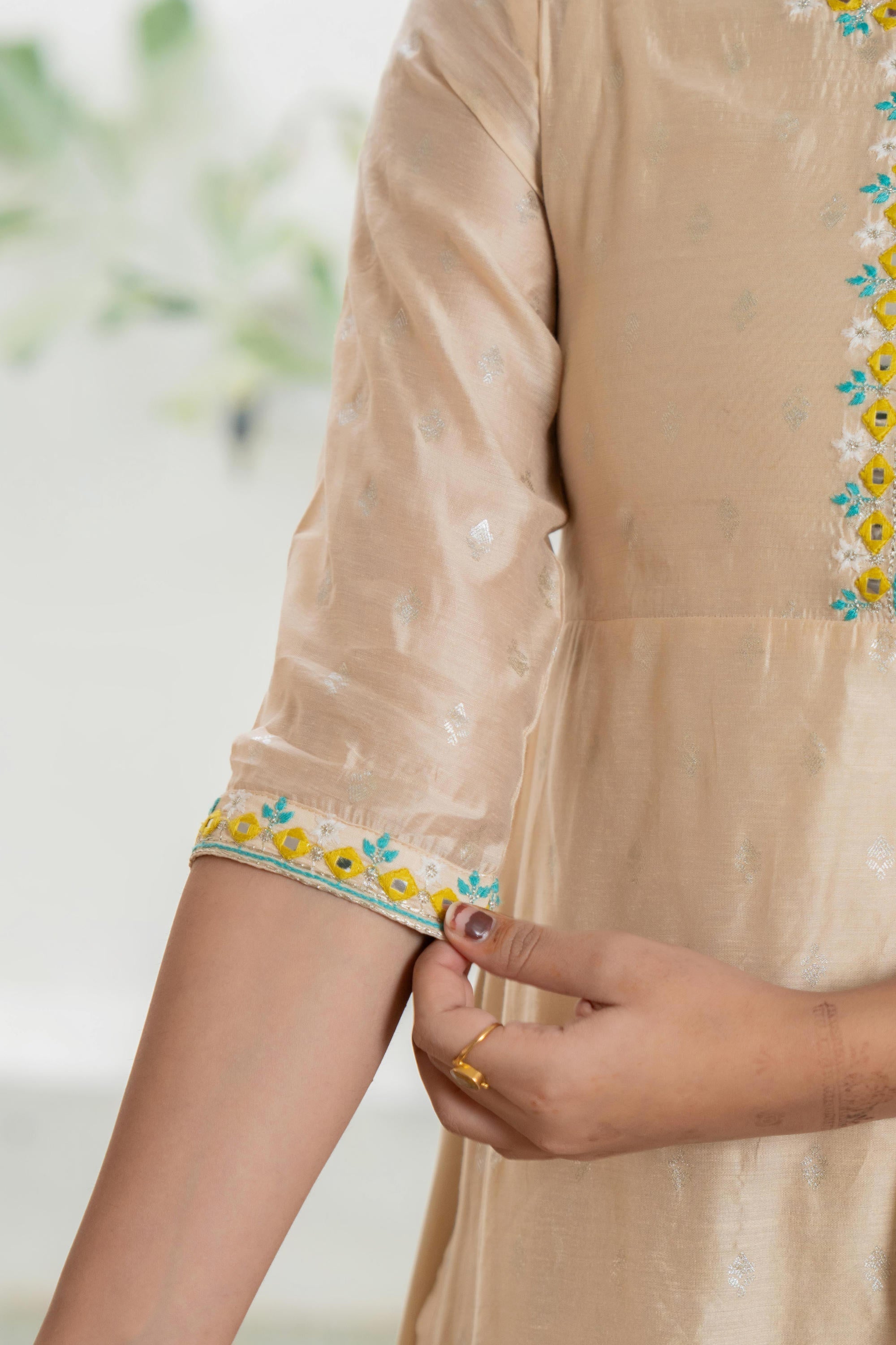Beige Soild Chanderi Dress & inner With Thread & Mirror Work | DesiQlo