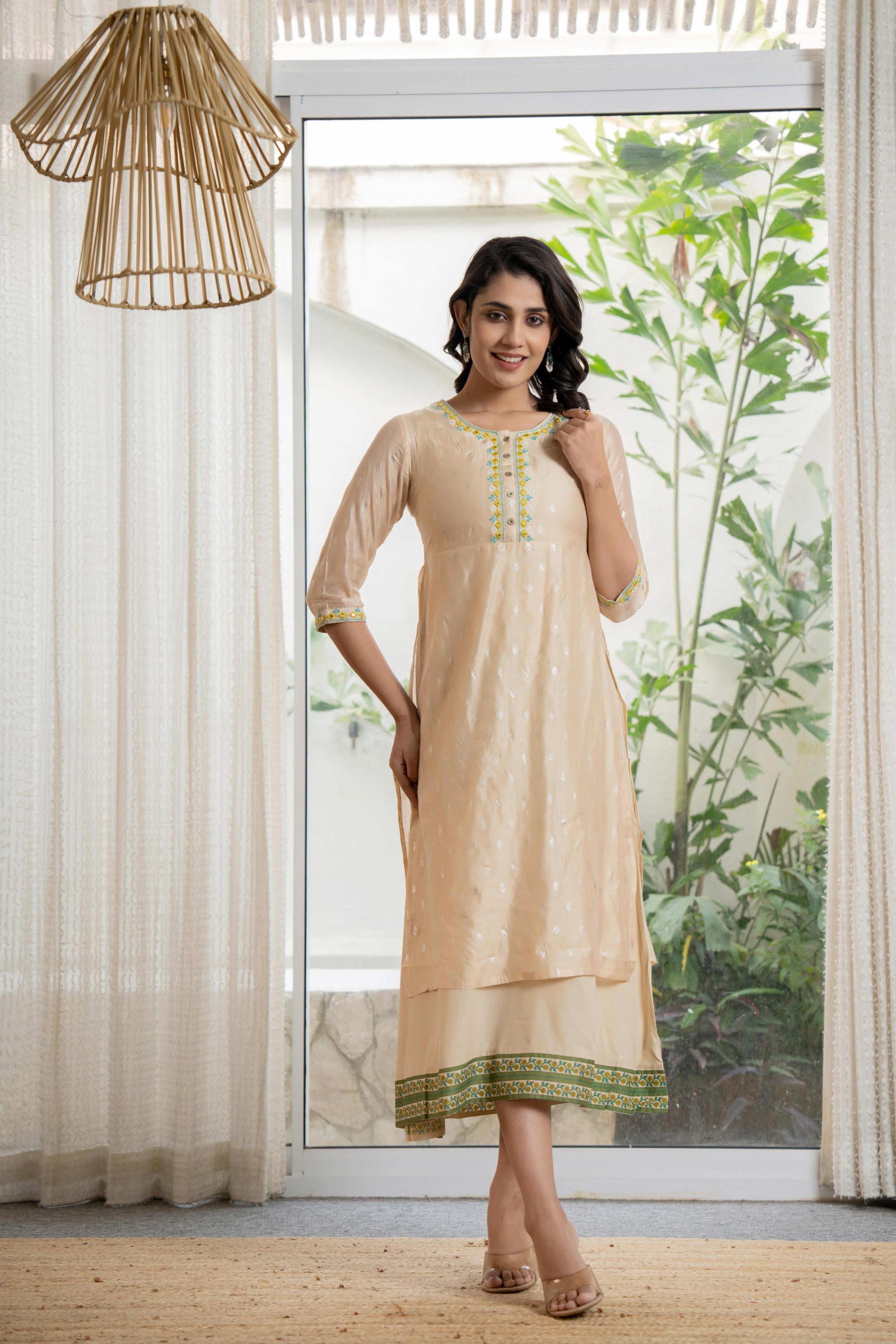 Beige Soild Chanderi Dress & inner With Thread & Mirror Work | DesiQlo