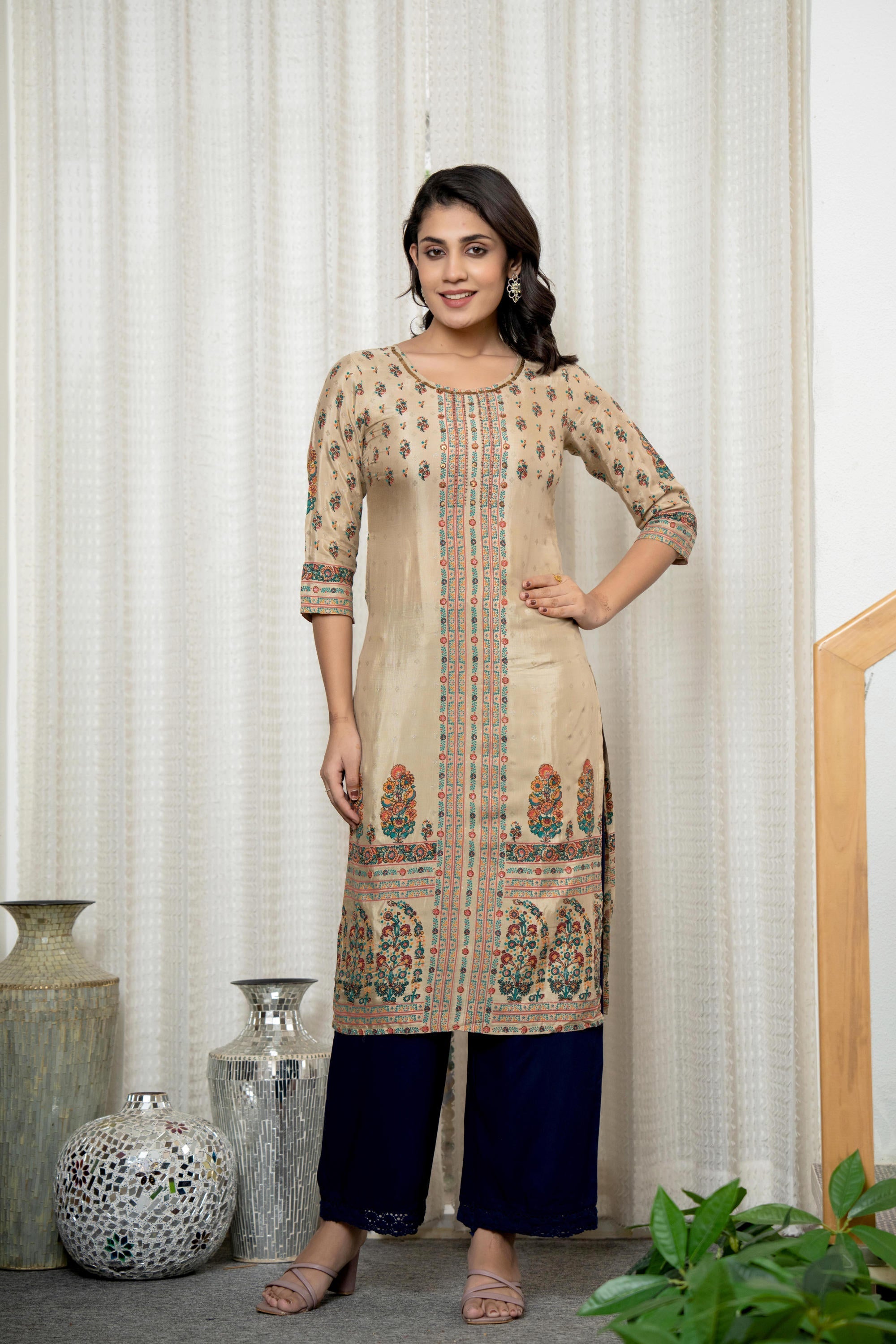 Beige Floral Printed Viscose Kurta With Beads & Sequins | DesiQlo