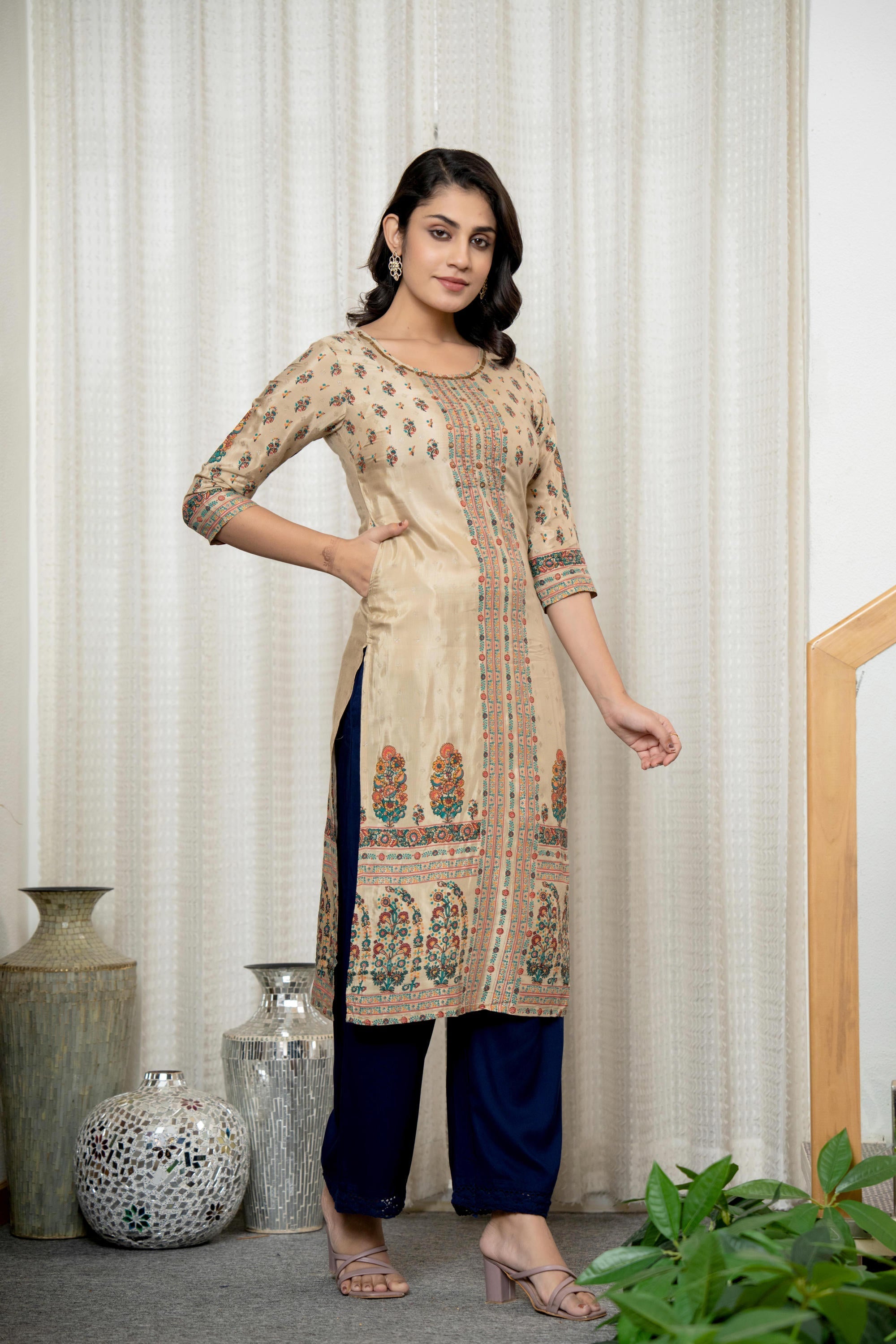 Beige Floral Printed Viscose Kurta With Beads & Sequins | DesiQlo