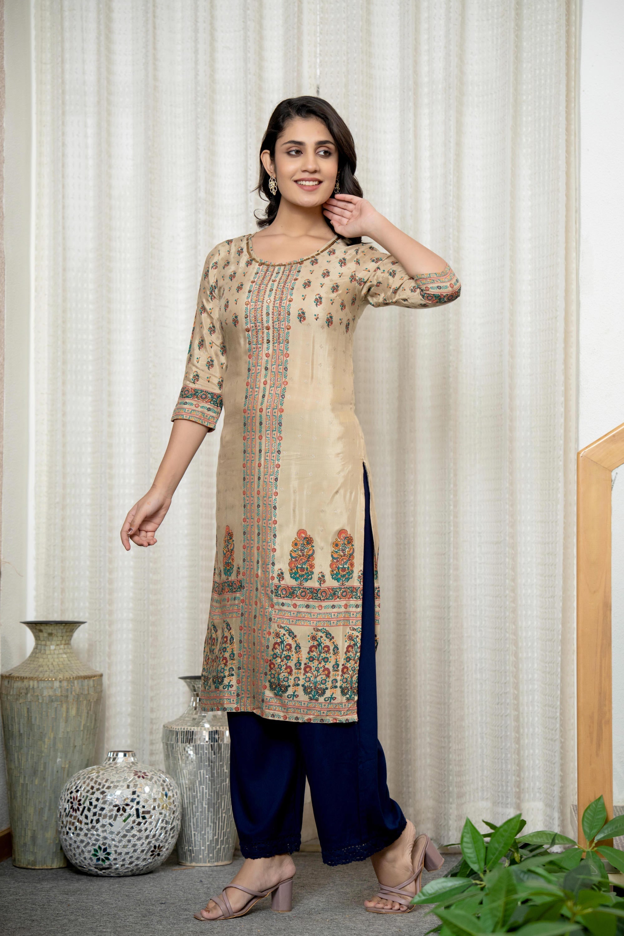 Beige Floral Printed Viscose Kurta With Beads & Sequins | DesiQlo