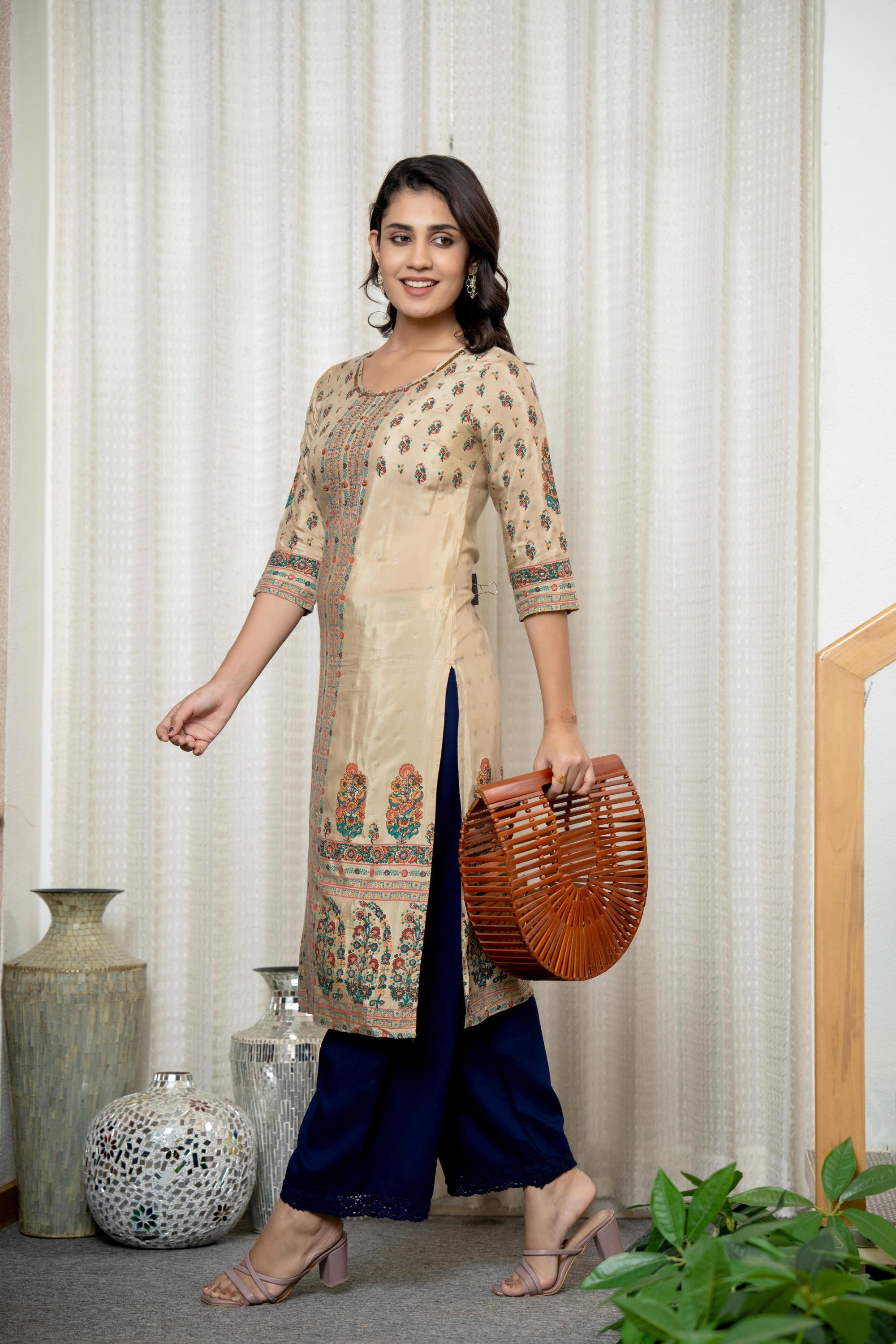 Beige Floral Printed Viscose Kurta With Beads & Sequins | DesiQlo