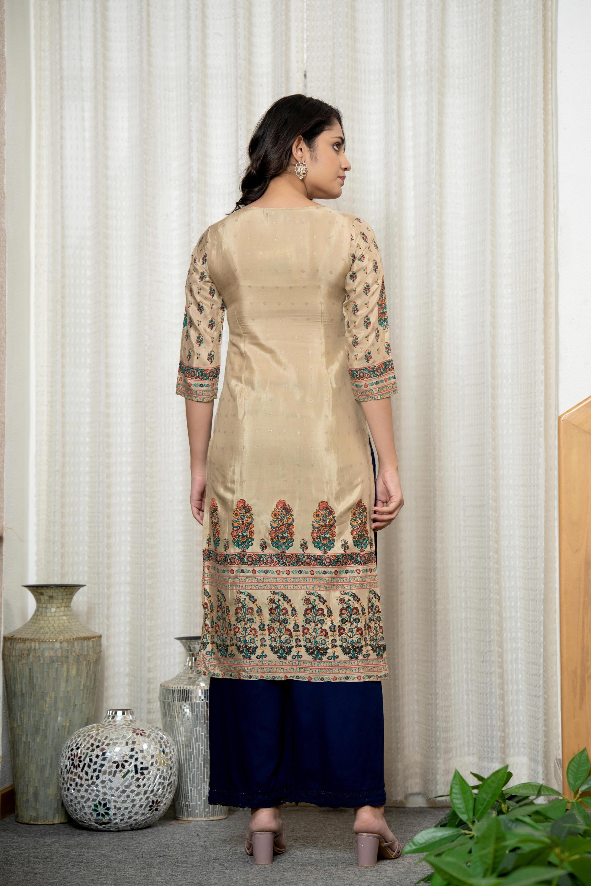 Beige Floral Printed Viscose Kurta With Beads & Sequins | DesiQlo