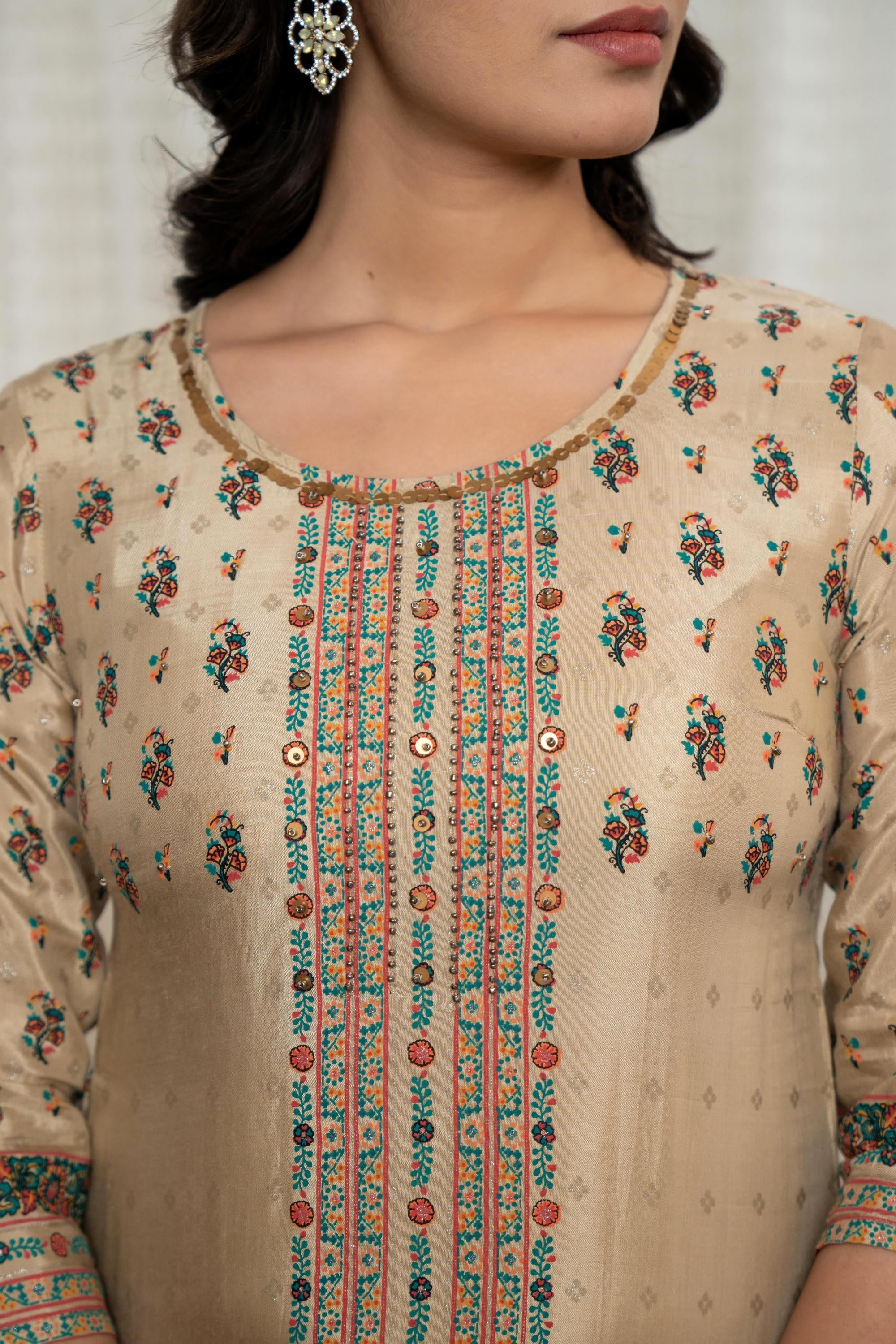 Beige Floral Printed Viscose Kurta With Beads & Sequins | DesiQlo