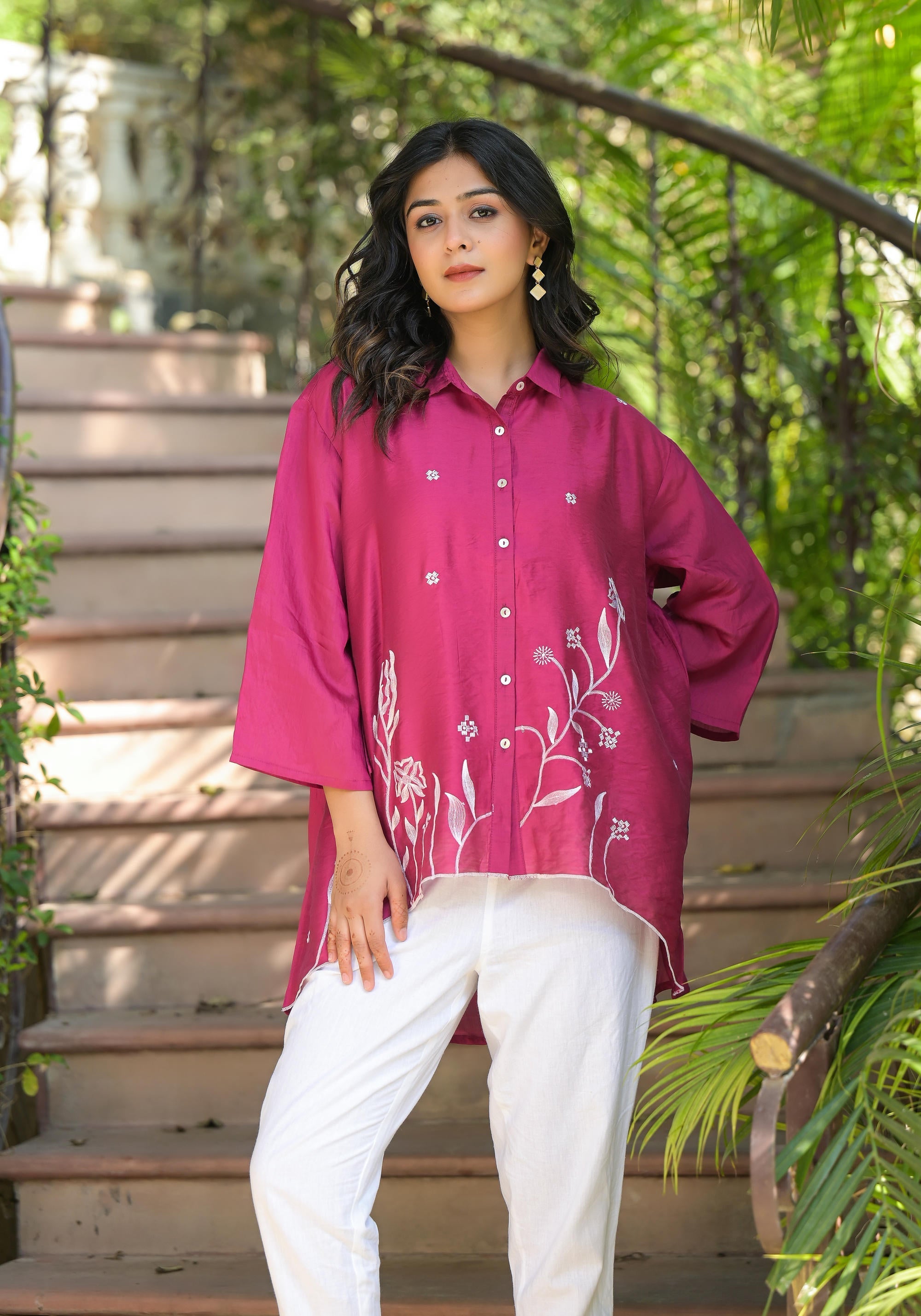 Fuchsia Thread Embroidered Chanderi Tunic With Button Closure | DesiQl